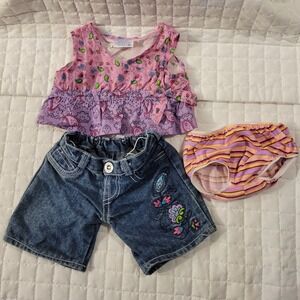 Build-A-Bear Workshop 3pc Set Pink Floral Paisley Top Embroidered Denim Shorts